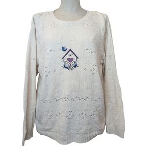 Vintage Cottagecore Birdhouse Embroidered Cream Knit Sweater L XL